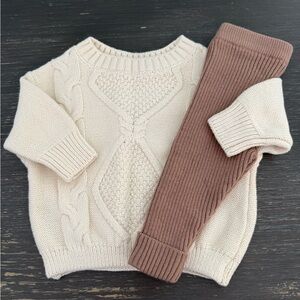 Grayson Collective Baby Boy 0-3 Mo Cream Cable Knit Sweater and Brown Pants Set